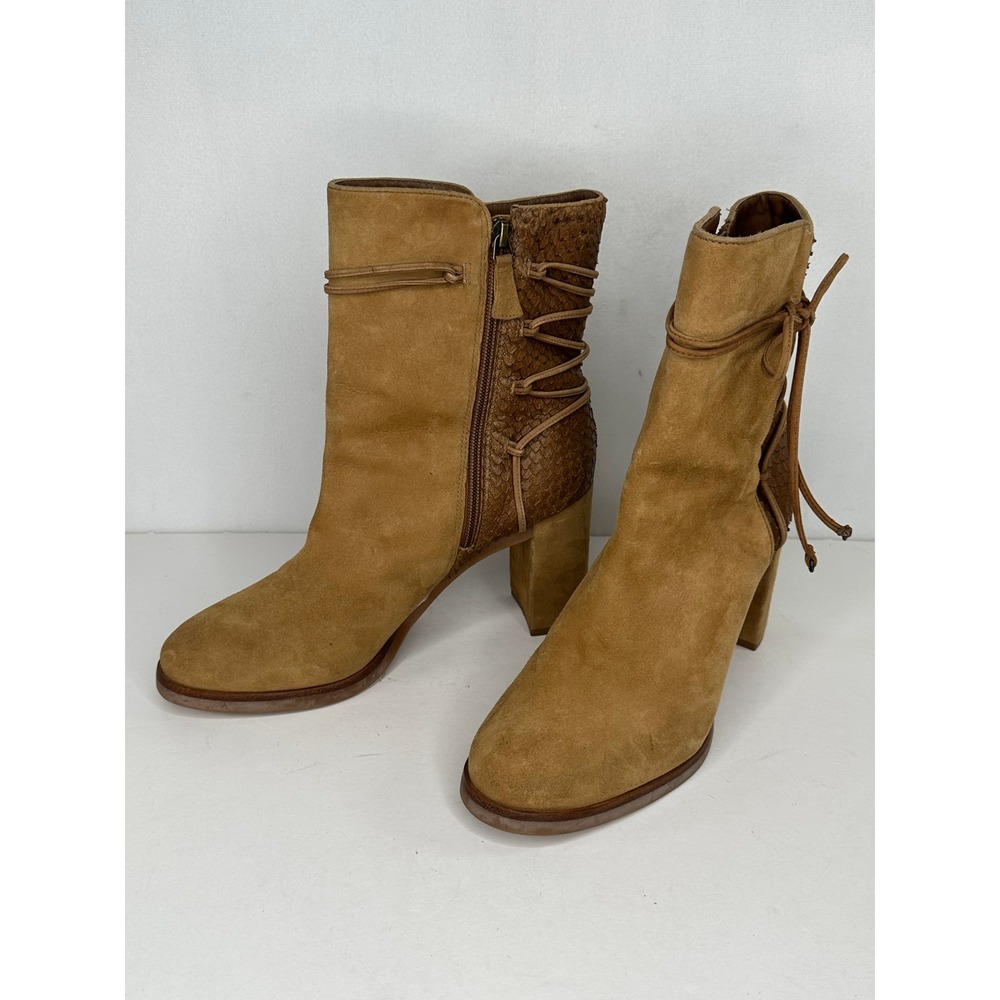Johnston & Murphy Tan Suede Snakeskin Lace Up Back Ankle Boots Western 9.5M